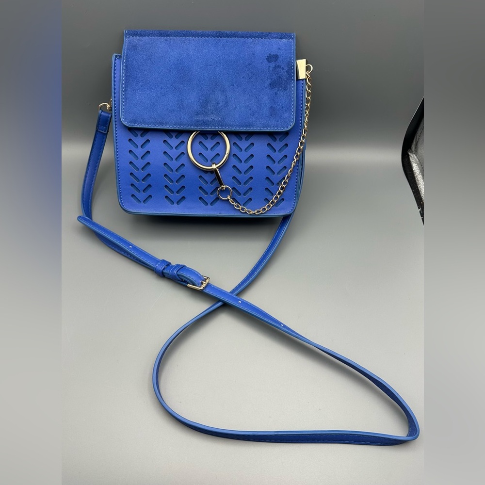 Moda Luxe Crossbody Bag Cobalt Blue Perforated Bag Gold Ring Detail *Stained*
